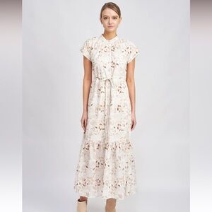 En Saison Cream Eyelet Maxi Dress with Tan Leaf Accents